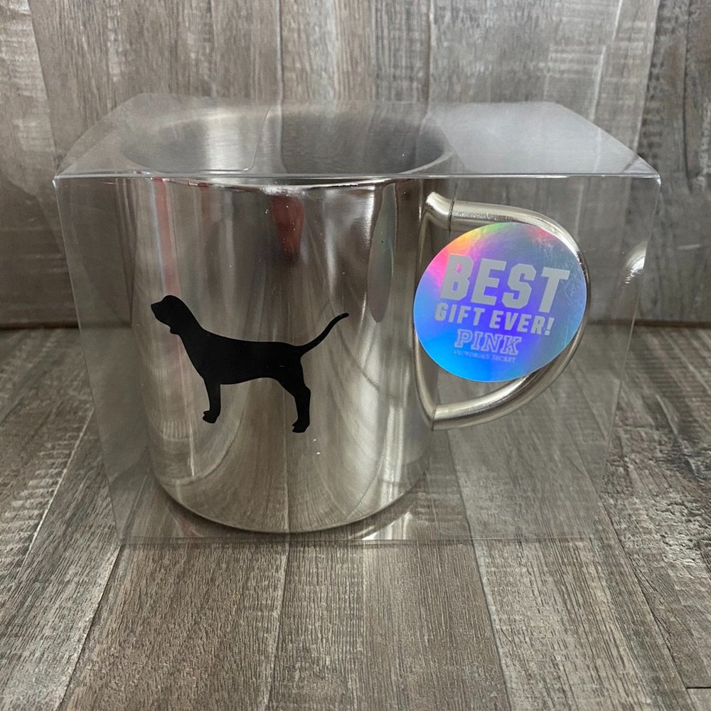 NWT PINK Logo Metal Mug Silver Black Dog Pink Logo Collectible Victoria’s Secret